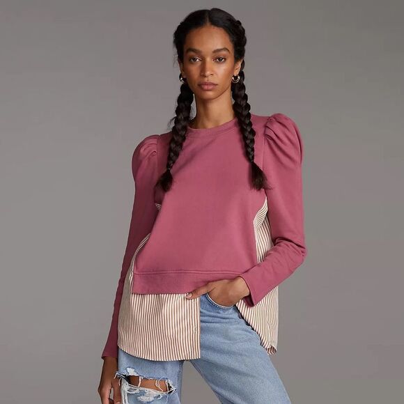 Anthropologie Maeve Puff Sleeve Twofer Layered Tunic Sweatshirt Pink Combo Sz S - Picture 1 of 12